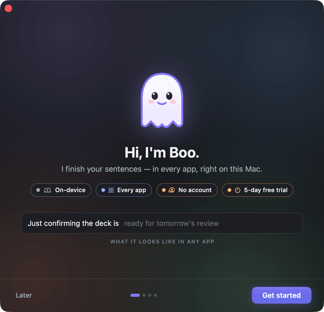 WeType's first-run window: Boo the ghost, the line 'I finish your sentences, in every app, right on this Mac', and a sample field showing a grey suggestion.