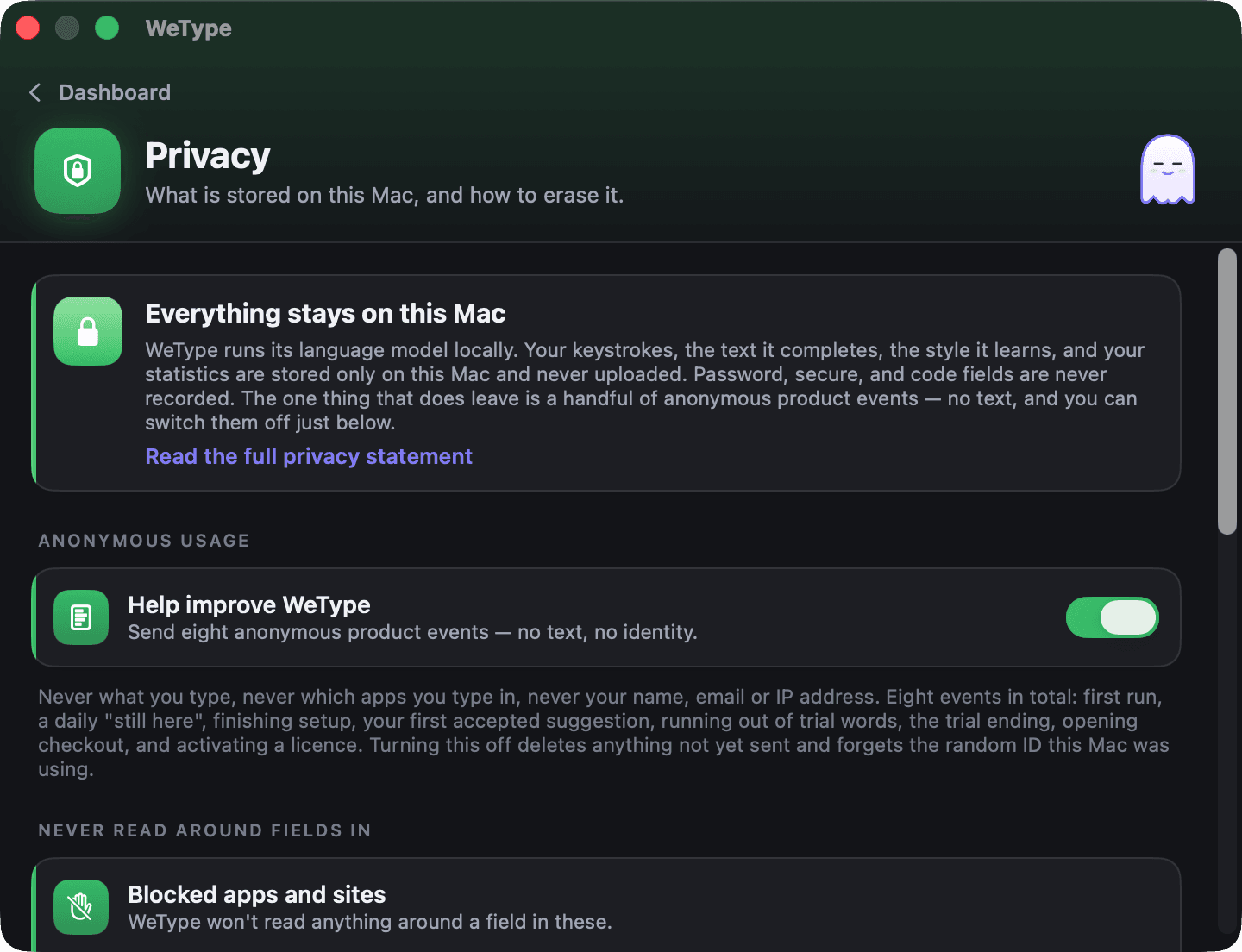 WeType Settings, Privacy pane: Everything stays on this Mac, a switch for eight anonymous product events, and blocked apps and sites.