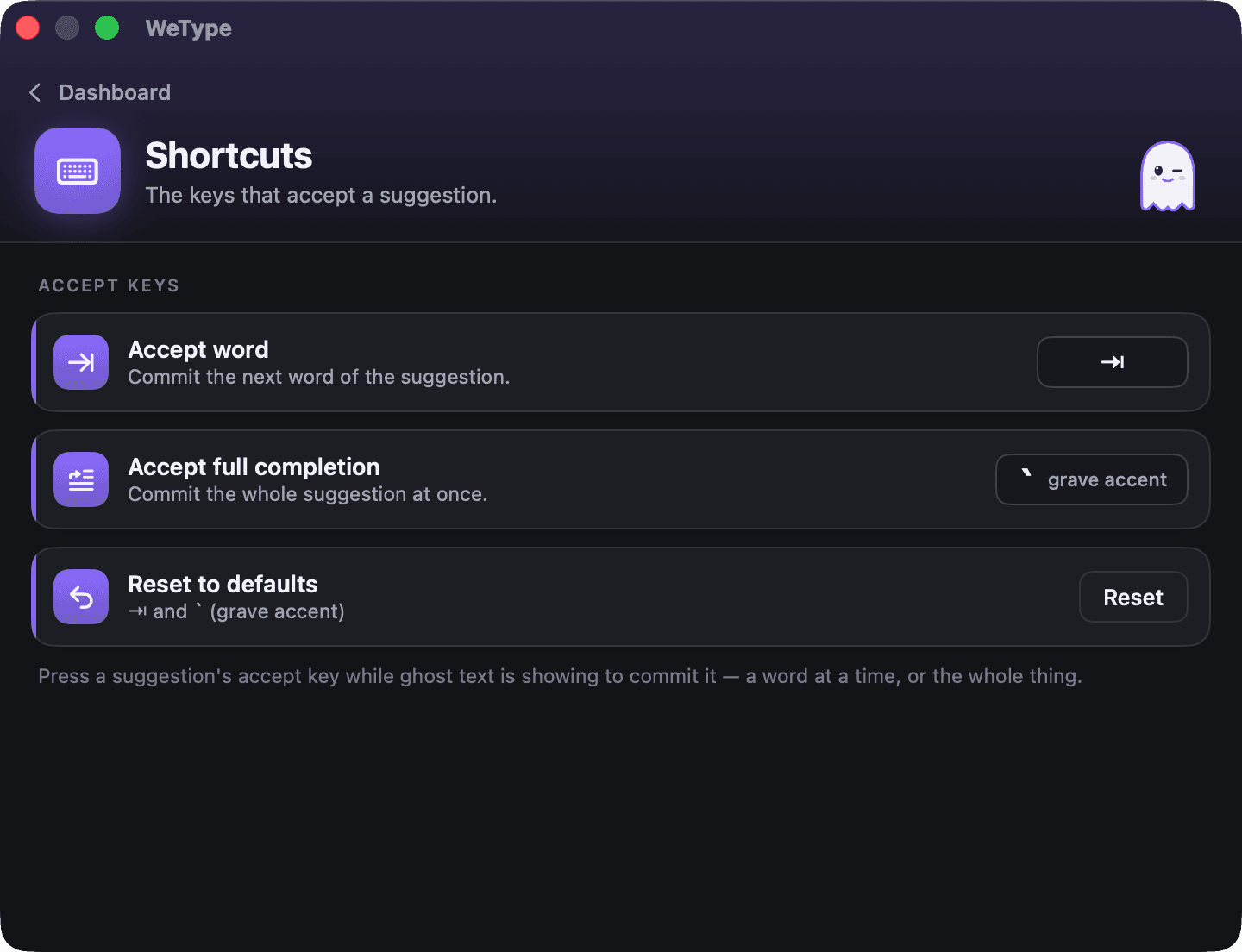 WeType Settings, Shortcuts pane: Accept word bound to Tab, Accept full completion bound to the grave accent key, and a Reset button.